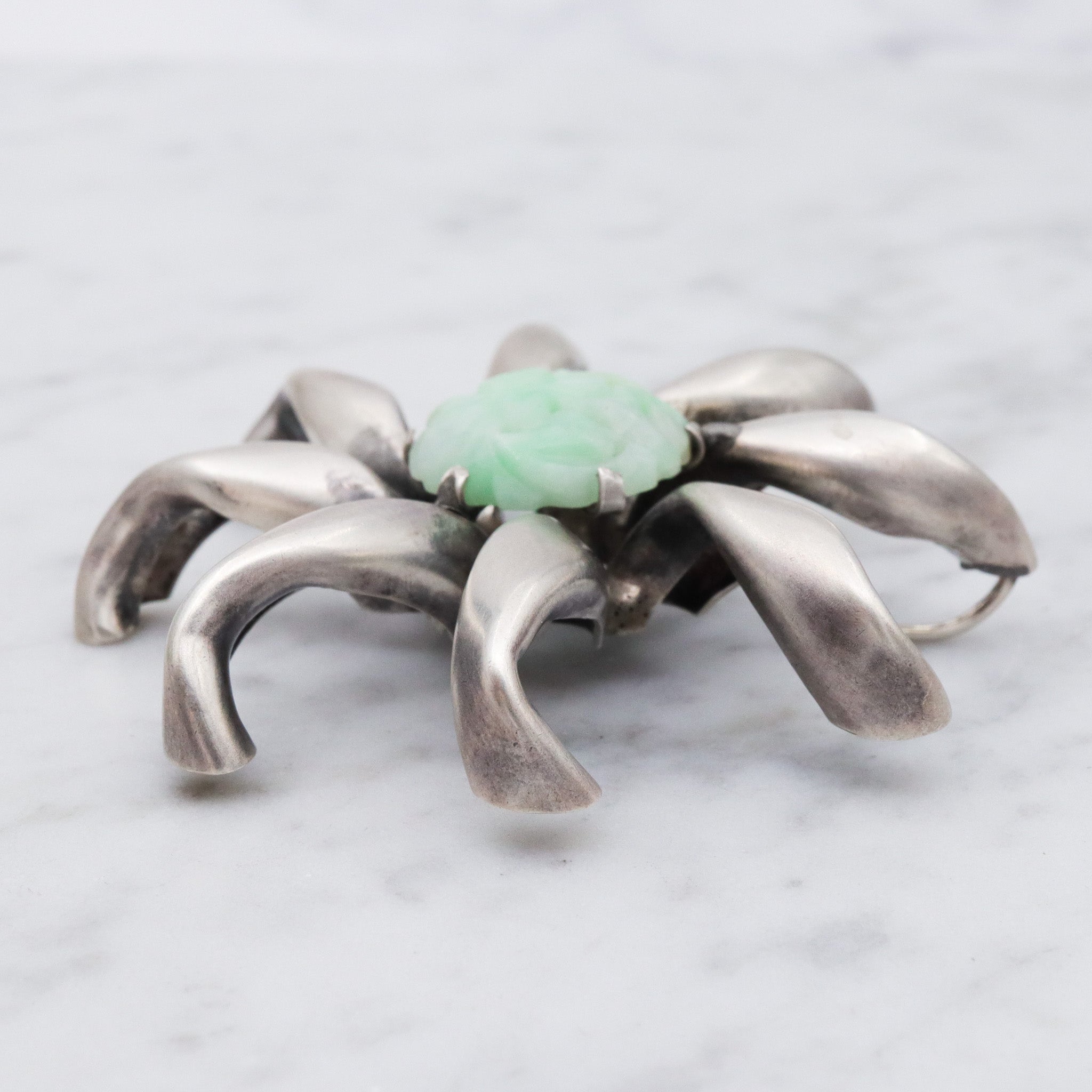 Antique Art Deco sterling silver Chinese carved jade flower pendant